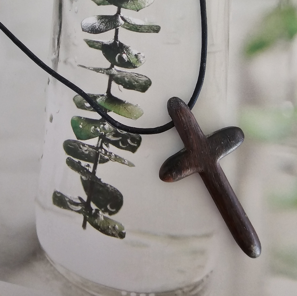Wooden cross necklace with adjustable cord